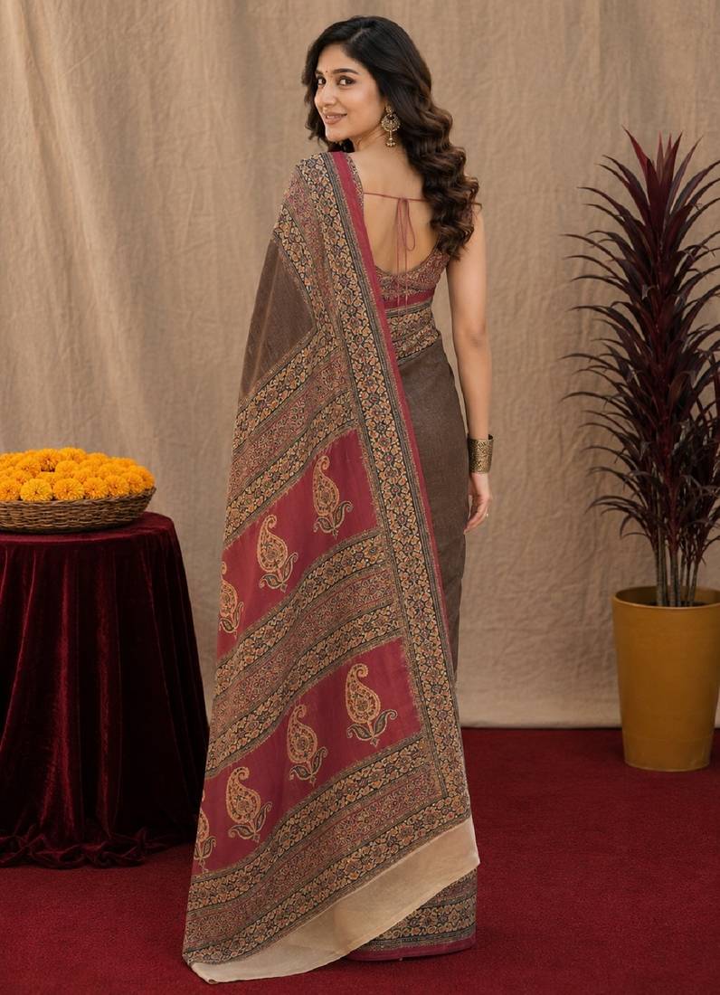 Dusty grey pink linen digital print work saree with unstitched blouse piece