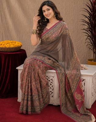 Dusty grey pink linen digital print work saree with unstitched blouse piece 4