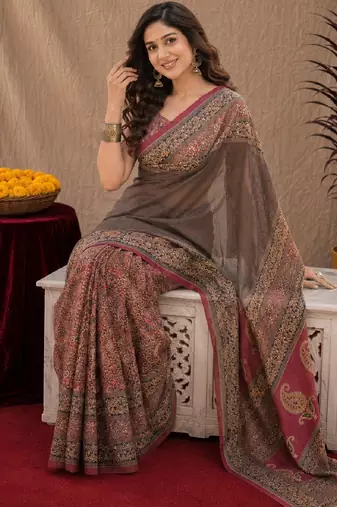 Dusty grey pink linen digital print work saree with unstitched blouse piece