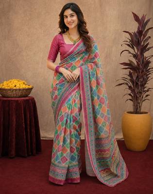 Pink linen digital print work saree with unstitched blouse piece 1