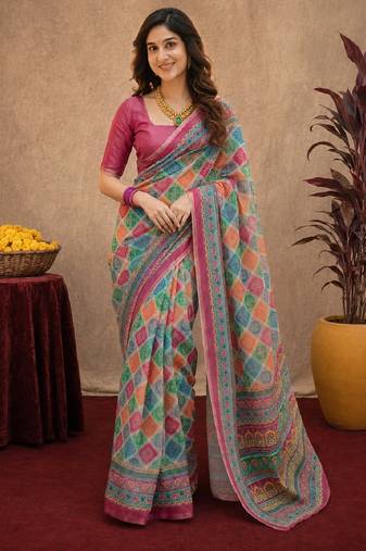 Pink linen digital print work saree with unstitched blouse piece