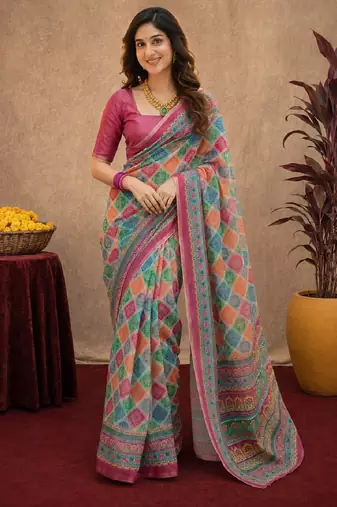 Pink linen digital print work saree with unstitched blouse piece