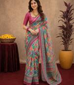 Pink linen digital print work saree with unstitched blouse piece