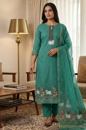 Teal jamdani pichwai weaving banarasi dress material (3pcs)
