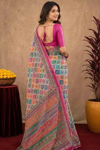 Pink linen digital print work saree with unstitched blouse piece