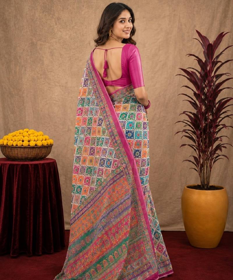 Pink linen digital print work saree with unstitched blouse piece