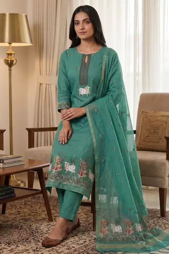 Teal jamdani pichwai weaving banarasi dress material (3pcs)