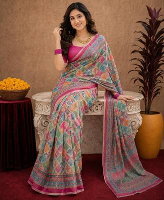 Pink linen digital print work saree with unstitched blouse piece 3