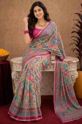 Pink linen digital print work saree with unstitched blouse piece