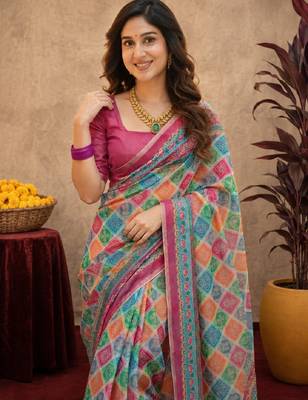 Pink linen digital print work saree with unstitched blouse piece 4