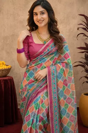 Pink linen digital print work saree with unstitched blouse piece