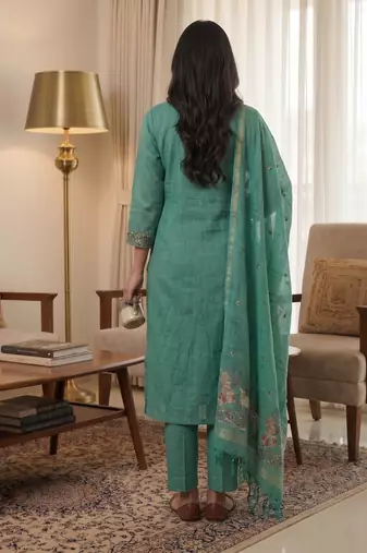 Teal jamdani pichwai weaving banarasi dress material (3pcs)