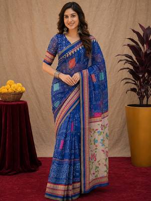 Royal blue  linen digital print work saree with unstitched blouse piece 1