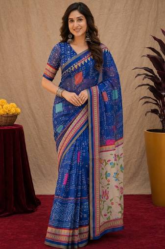 Royal blue  linen digital print work saree with unstitched blouse piece