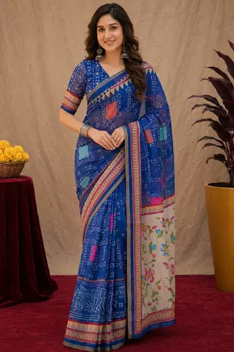 Royal blue  linen digital print work saree with unstitched blouse piece