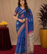 Royal blue  linen digital print work saree with unstitched blouse piece