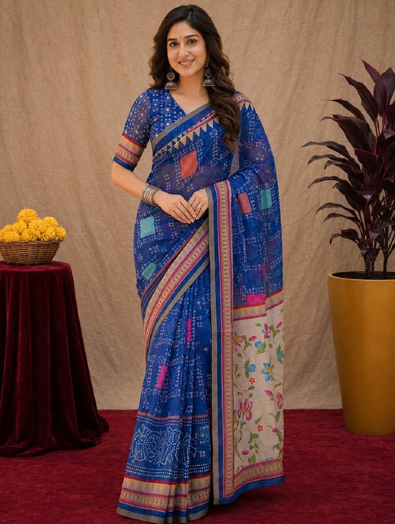 Royal blue  linen digital print work saree with unstitched blouse piece