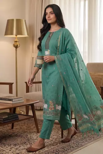 Teal jamdani pichwai weaving banarasi dress material (3pcs)