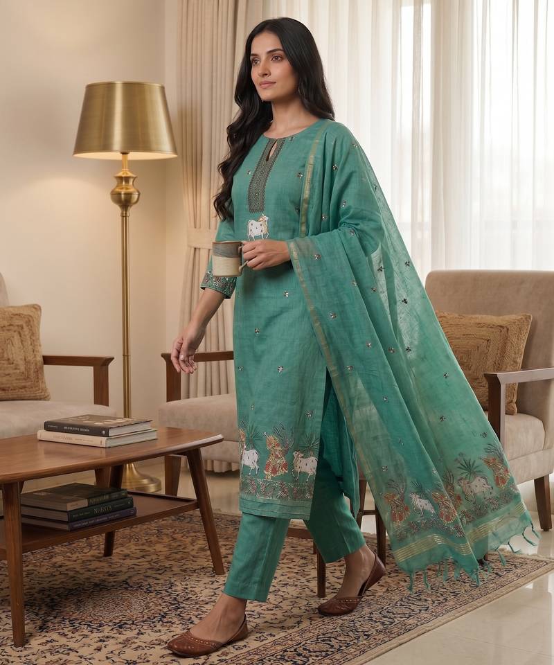 Teal jamdani pichwai weaving banarasi dress material (3pcs)