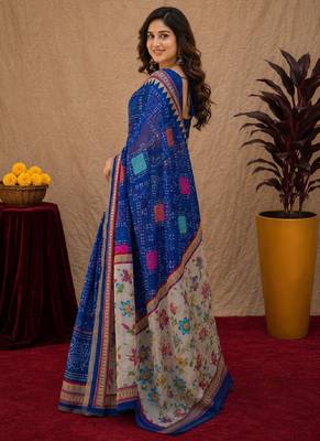 Royal blue  linen digital print work saree with unstitched blouse piece 2