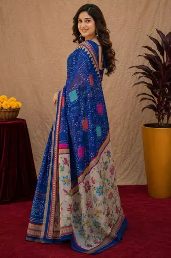Royal blue  linen digital print work saree with unstitched blouse piece