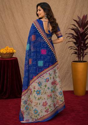 Royal blue  linen digital print work saree with unstitched blouse piece 3