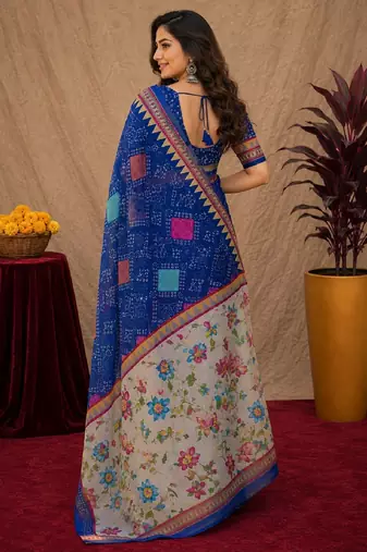 Royal blue  linen digital print work saree with unstitched blouse piece