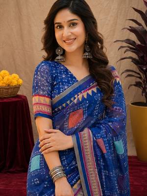 Royal blue  linen digital print work saree with unstitched blouse piece 4