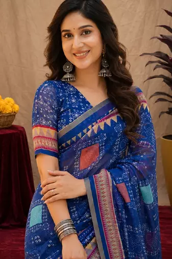 Royal blue  linen digital print work saree with unstitched blouse piece
