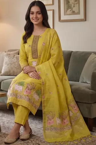 Yellow jamdani pichwai weaving banarasi dress material (3pcs)