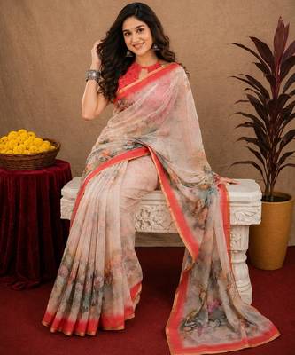 White peach  linen digital print work saree with unstitched blouse piece 1