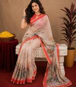 White peach  linen digital print work saree with unstitched blouse piece