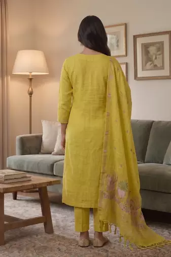 Yellow jamdani pichwai weaving banarasi dress material (3pcs)