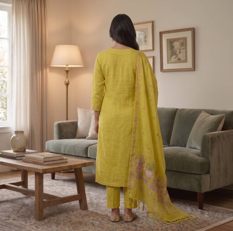 Yellow jamdani pichwai weaving banarasi dress material (3pcs)