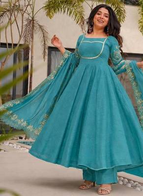 teal green color fancy embroidery sequin and cording work silk blend gown set 1