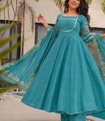 teal green color fancy embroidery sequin and cording work silk blend gown set