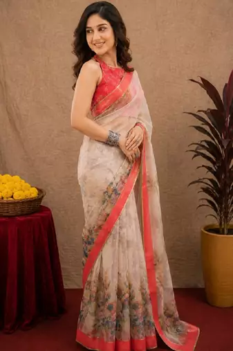 White peach  linen digital print work saree with unstitched blouse piece