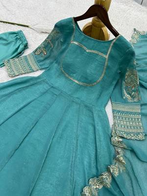 teal green color fancy embroidery sequin and cording work silk blend gown set 2