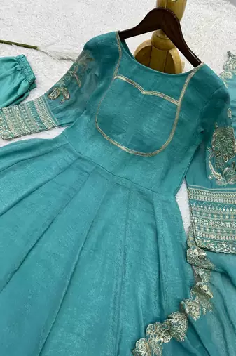 teal green color fancy embroidery sequin and cording work silk blend gown set