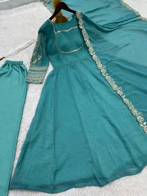 teal green color fancy embroidery sequin and cording work silk blend gown set 3