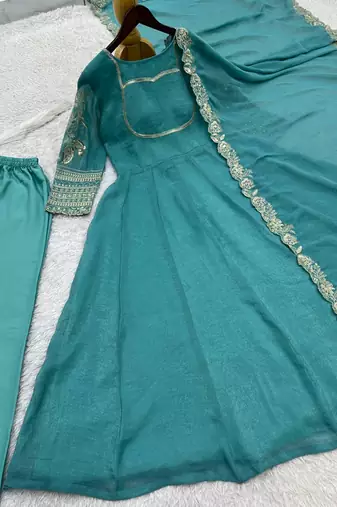 teal green color fancy embroidery sequin and cording work silk blend gown set