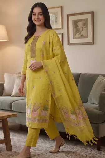 Yellow jamdani pichwai weaving banarasi dress material (3pcs)
