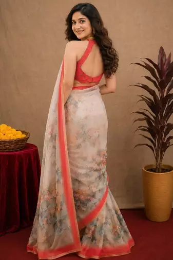 White peach  linen digital print work saree with unstitched blouse piece