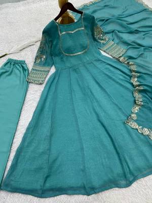 teal green color fancy embroidery sequin and cording work silk blend gown set 4