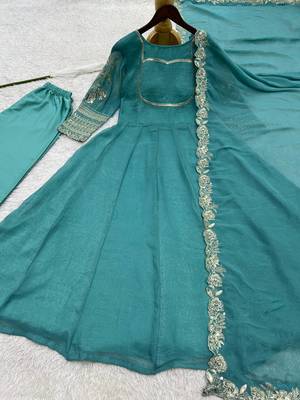 teal green color fancy embroidery sequin and cording work silk blend gown set 5