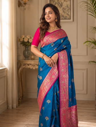 blue color intricate color thread weaving design rich weaving pallu benarasi silk blend sarees