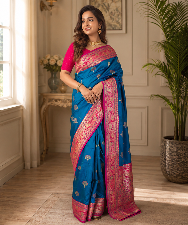 blue color intricate color thread weaving design rich weaving pallu benarasi silk blend sarees