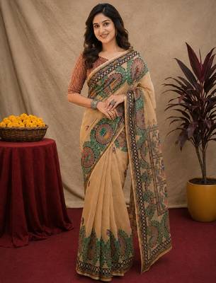 Cram coffee linen digital print work saree with unstitched blouse piece 1