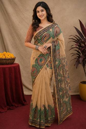 Cram coffee linen digital print work saree with unstitched blouse piece