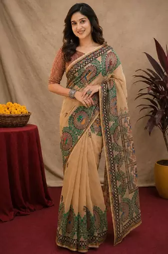Cram coffee linen digital print work saree with unstitched blouse piece